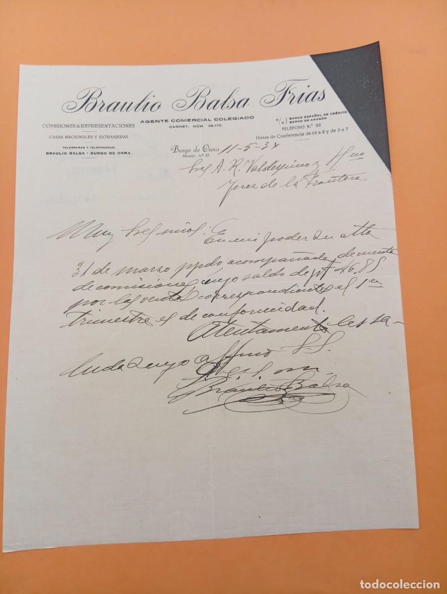 Cartas comerciales: CARTA COMERCIAL. BURGO DE OSMA, SORIA. 1934. BRAULIO BALSA FRIAS. AGENTE COMERCIAL COLEGIADO.