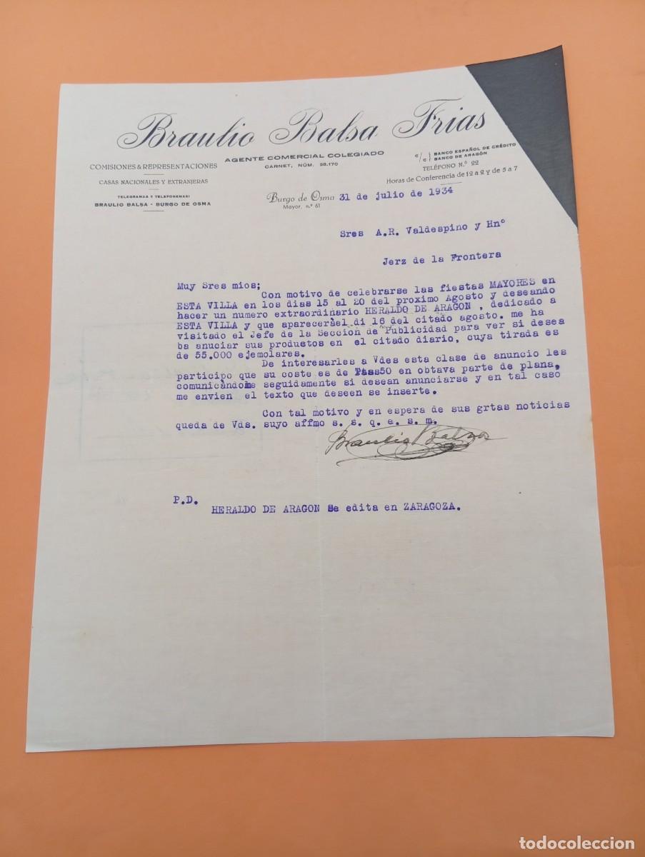 Cartas comerciales: CARTA COMERCIAL. BURGO DE OSMA, SORIA. 1934. BRAULIO BALSA FRIAS. AGENTE COMERCIAL COLEGIADO.