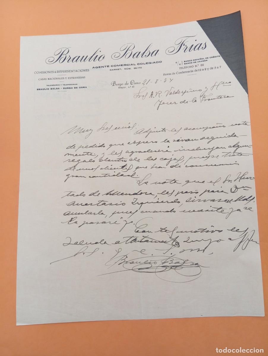 Cartas comerciales: CARTA COMERCIAL. BURGO DE OSMA, SORIA. 1934. BRAULIO BALSA FRIAS. AGENTE COMERCIAL COLEGIADO.