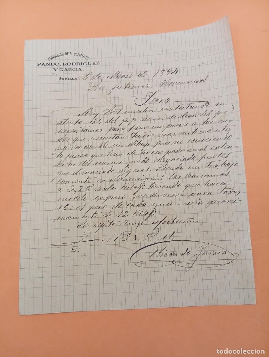 Cartas comerciales: CARTA COMERCIAL. SEVILLA. 1894. PANDO, RODRIGUEZ Y GARCIA. FUNDICION DE SAN CLEMENTE.