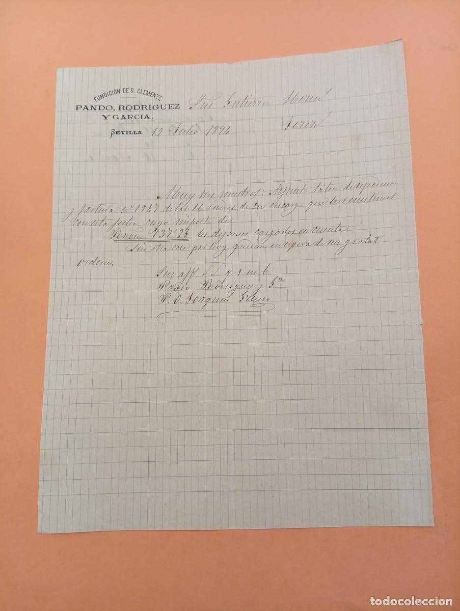Cartas comerciales: CARTA COMERCIAL. SEVILLA. 1894. PANDO, RODRIGUEZ Y GARCIA. FUNDICION DE SAN CLEMENTE.