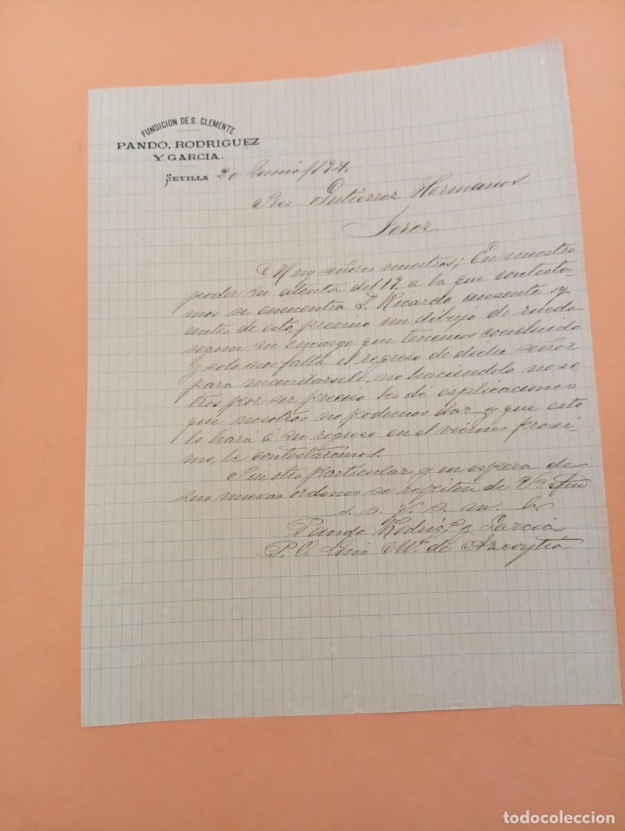 Cartas comerciales: CARTA COMERCIAL. SEVILLA. 1894. PANDO, RODRIGUEZ Y GARCIA. FUNDICION DE SAN CLEMENTE.