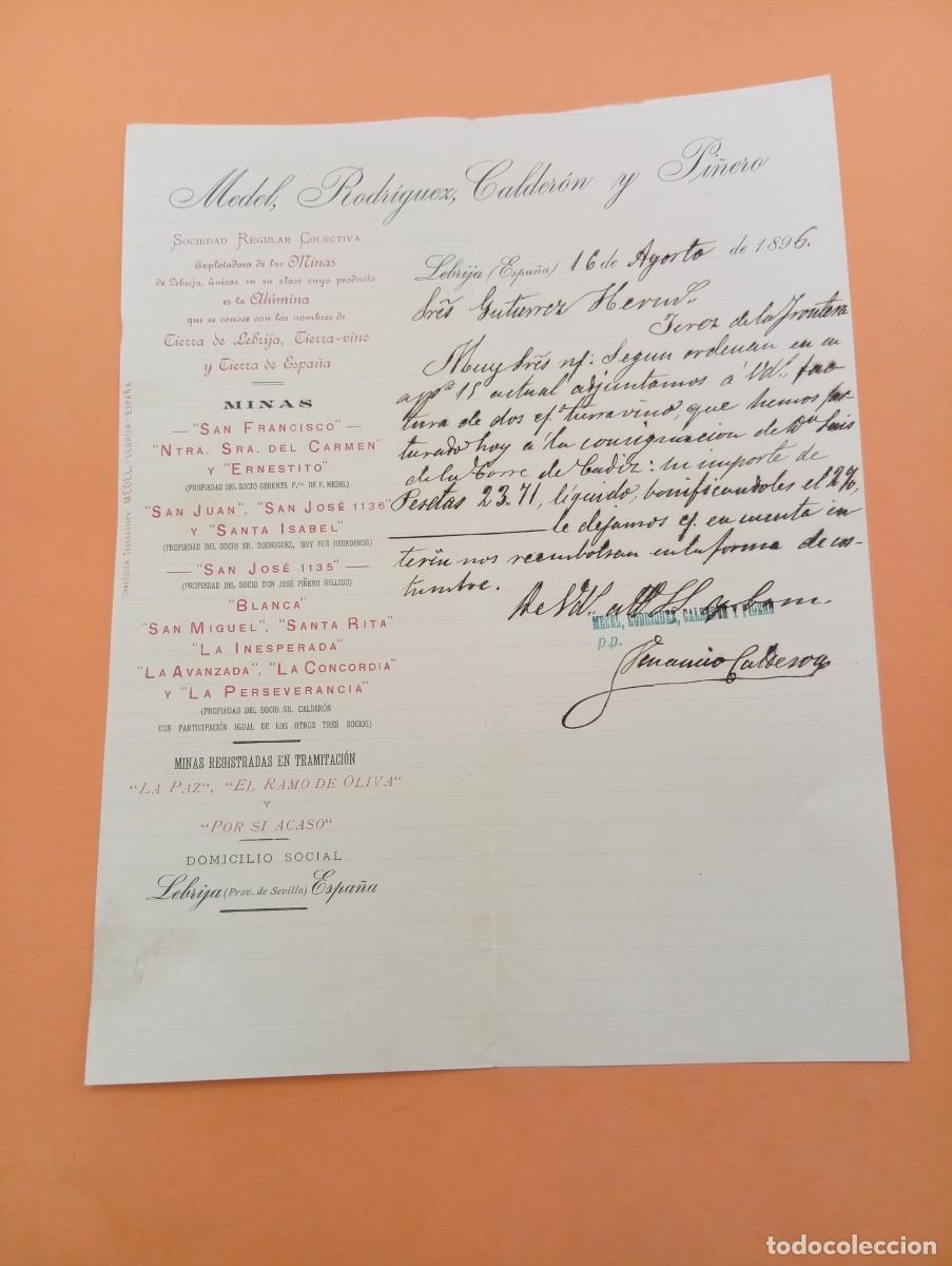 Cartas comerciales: CARTA COMERCIAL. LEBRIJA, SEVILLA. 1896. MEDEL,RODRIGUEZ CALDERON Y PI&Ntilde;ERO. EXPLOTADORA DE LAS MINAS