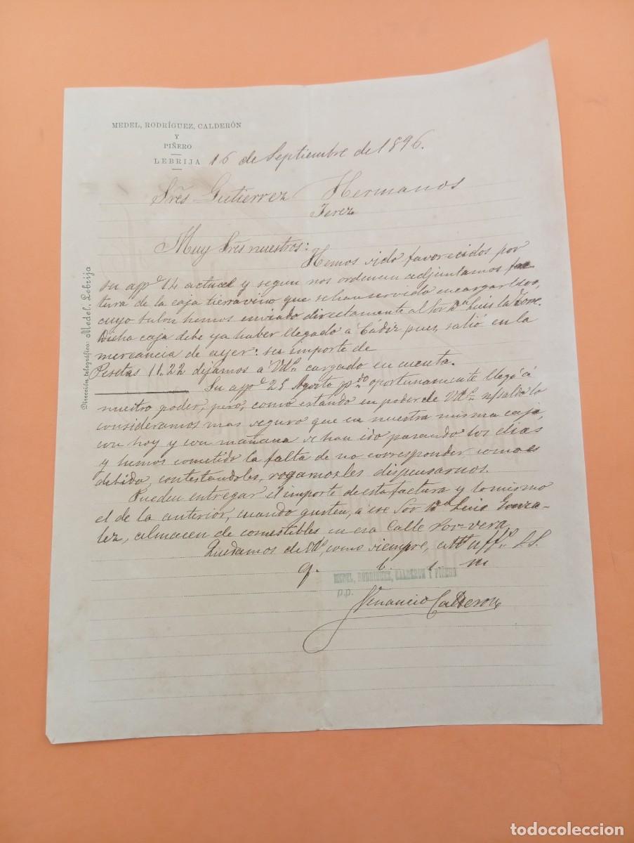 Cartas comerciales: CARTA COMERCIAL. LEBRIJA, SEVILLA. 1896. MEDEL, RODRIGUEZ CALDERON Y PI&Ntilde;ERO.