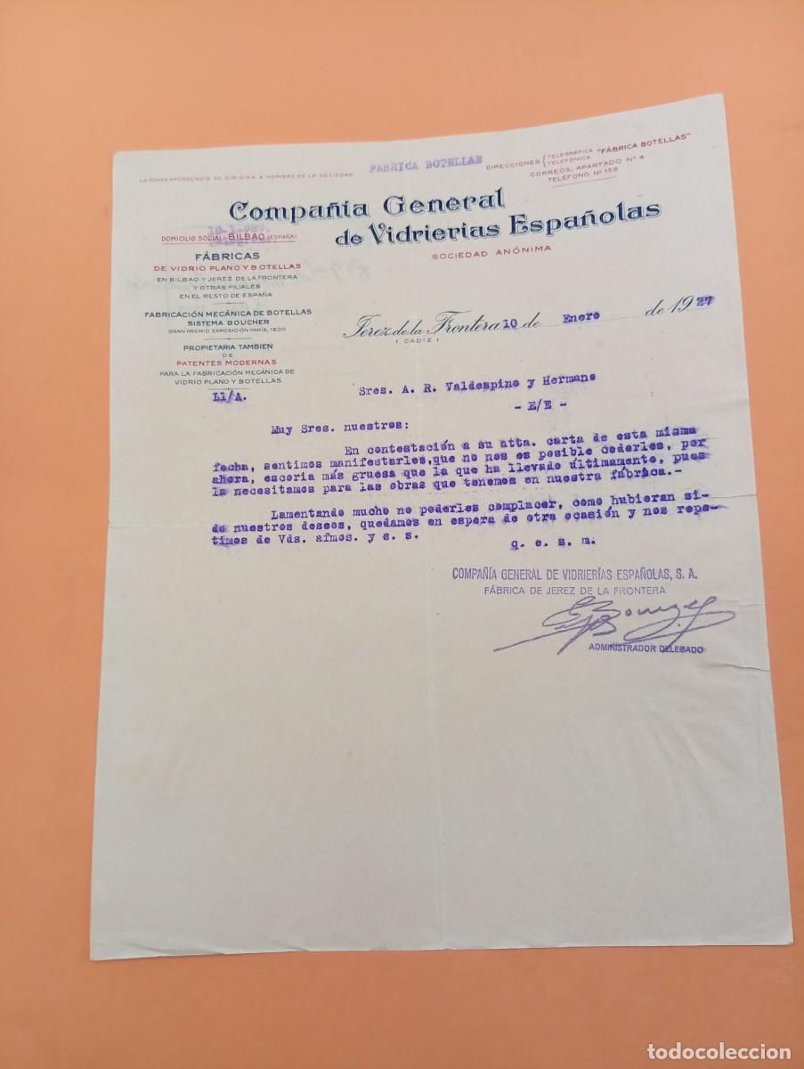 Cartas comerciales: CARTA COMERCIAL. JEREZ DE LA FRONTERA. 1927. COMPA&Ntilde;IA GENERAL DE VIDRIERIAS ESPA&Ntilde;OLAS, S.A.