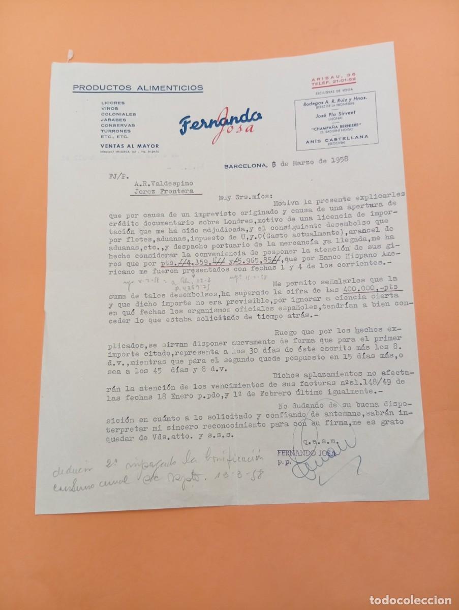 Cartas comerciales: CARTA COMERCIAL. BARCELONA. 1958. LICORES-VINOS-COLONIALES. FERNANDO JOSA.
