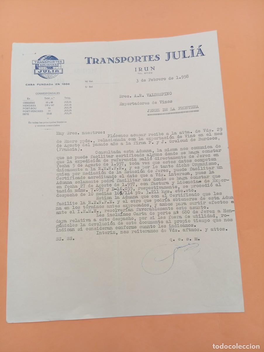 Cartas comerciales: CARTA COMERCIAL. REUS. 1958. TRANSPORTES JULIA.