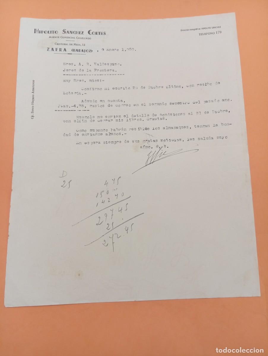 Cartas comerciales: CARTA COMERCIAL. ZAFRA, BADAJOZ. 1950. HIPOLITO SANCHEZ CORTES. AGENTE COMERCIAL.