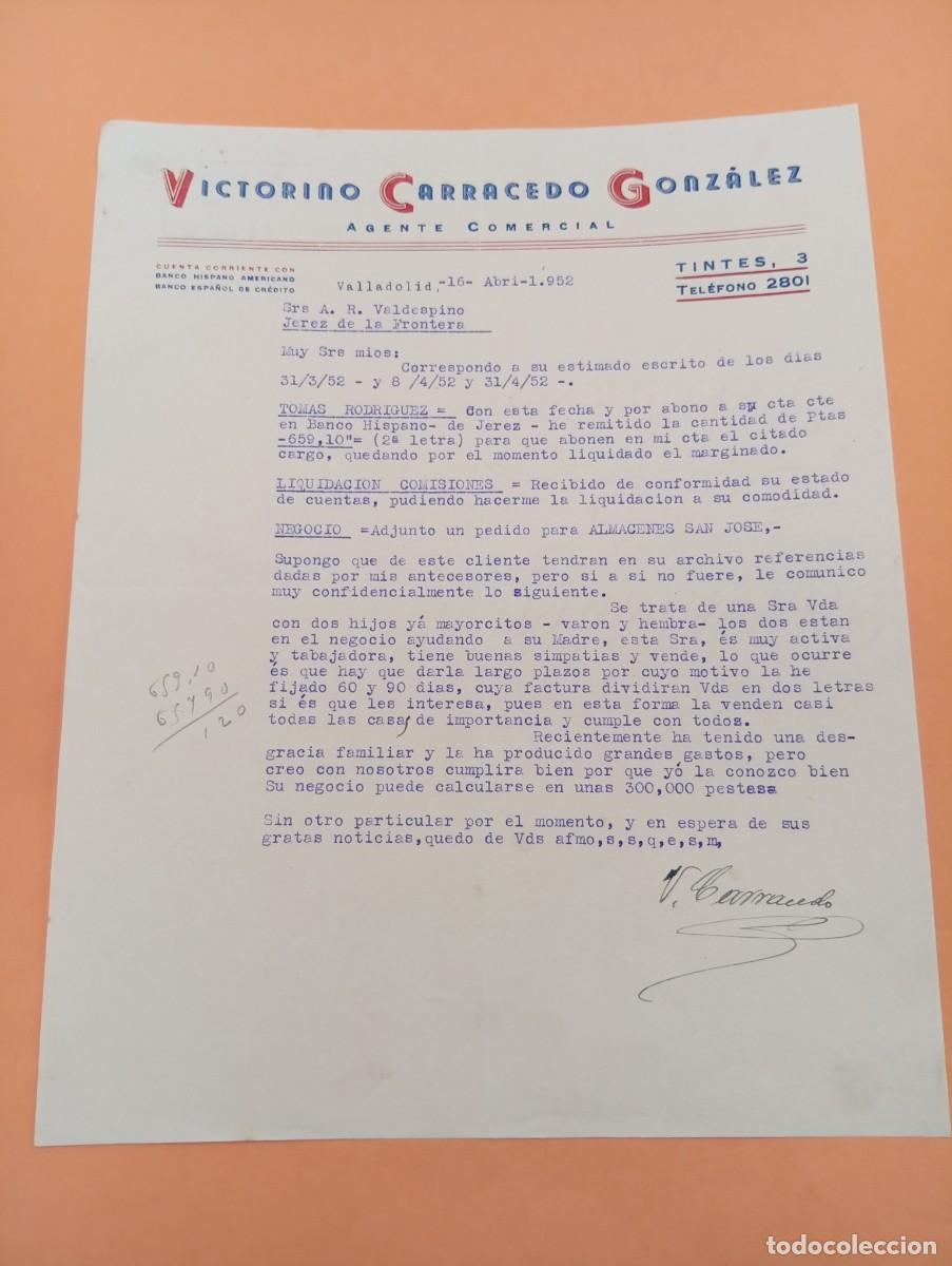 Cartas comerciales: CARTA COMERCIAL. VALLADOLID. 1952. VICTORIANO CARRACEDO GONZALEZ. AGENTE COMERCIAL.