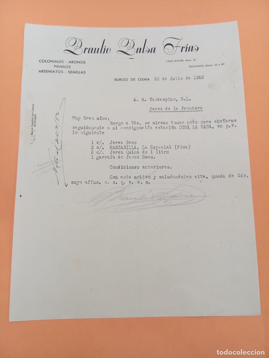 Cartas comerciales: CARTA COMERCIAL. BURGO DE OSMA, SORIA. 1952. BRAULIO BALSA FRIAS. COLONIALES-ABONOS PIENSOS.