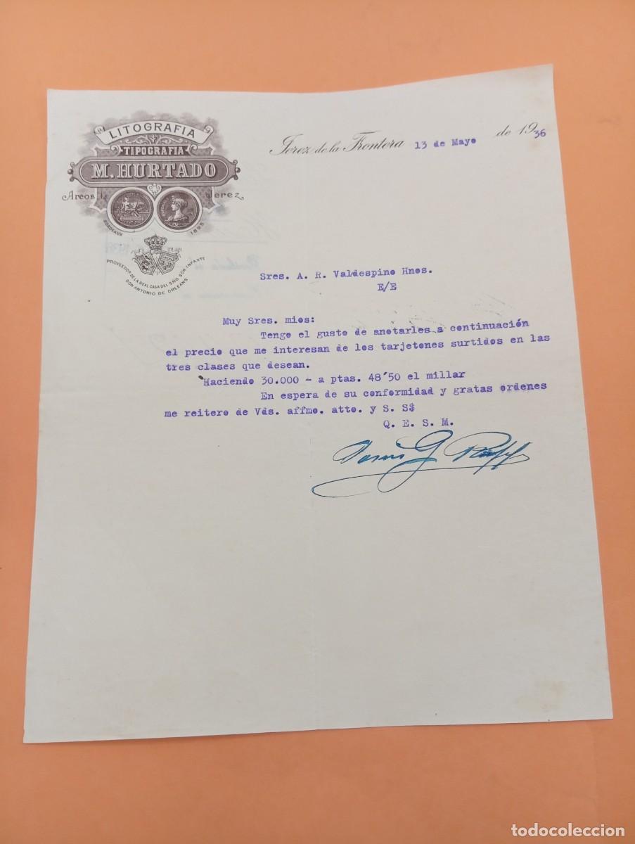 Cartas comerciales: CARTA COMERCIAL. JEREZ DE LA FRONTERA. 1936. LITOGRAFIA-TIPOGRAFIA. M. HURTADO.