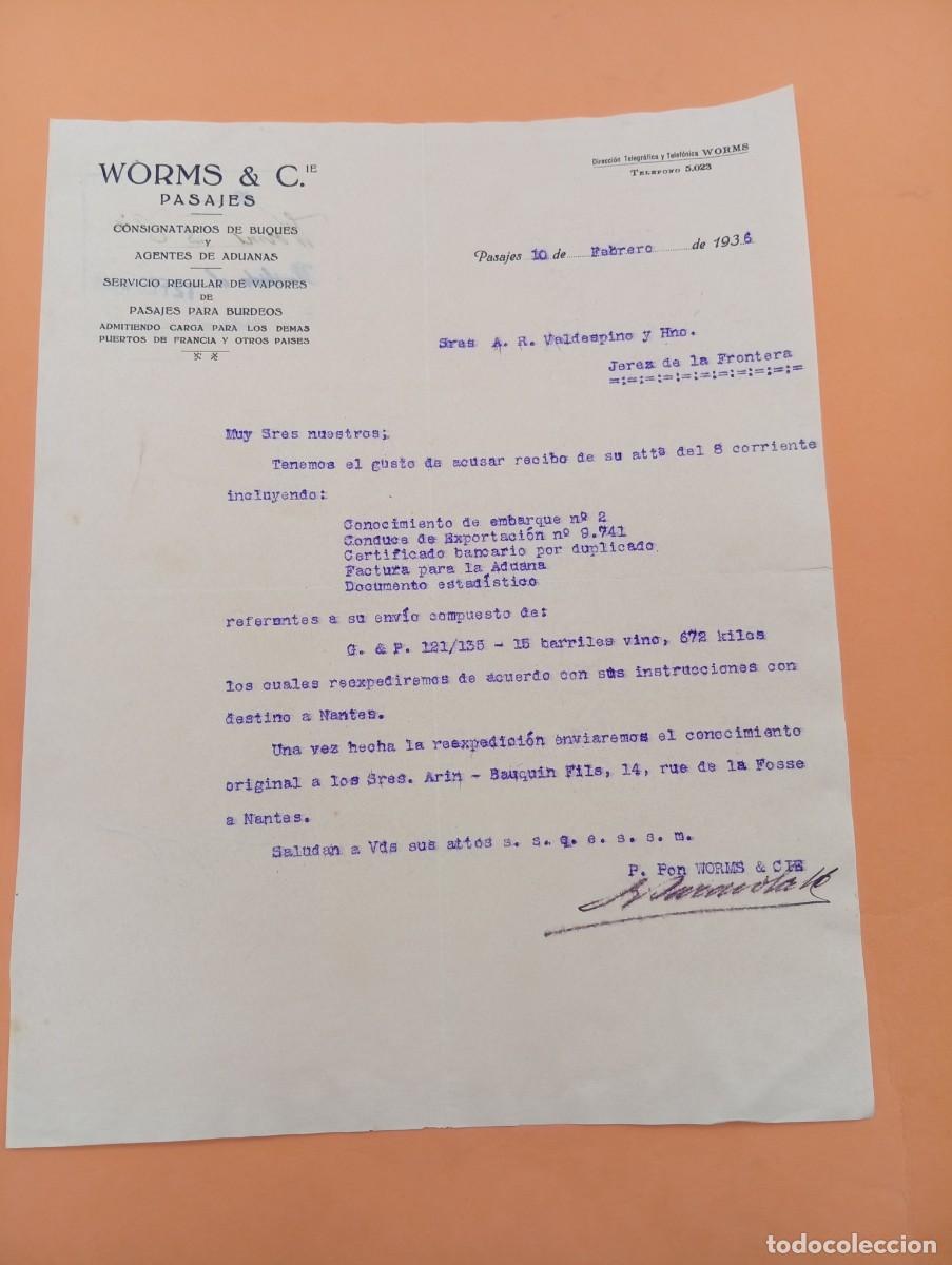 Cartas comerciales: CARTA COMERCIAL. PASAJES,GUIPUZCOA. 1936. WORMS & CIE. CONSIGNATARIOS DE BUQUES Y AGENTES DE ADUANAS