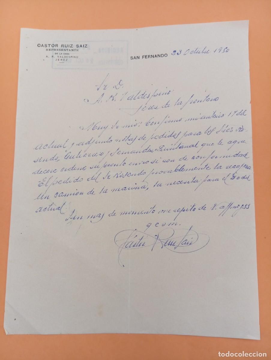 Cartas comerciales: CARTA COMERCIAL. SAN FERNANDO, C&Aacute;DIZ. 1950. CASTOR RUIZ SAIZ. REPRESENTANTE DE LA CASA VALDESPINO.