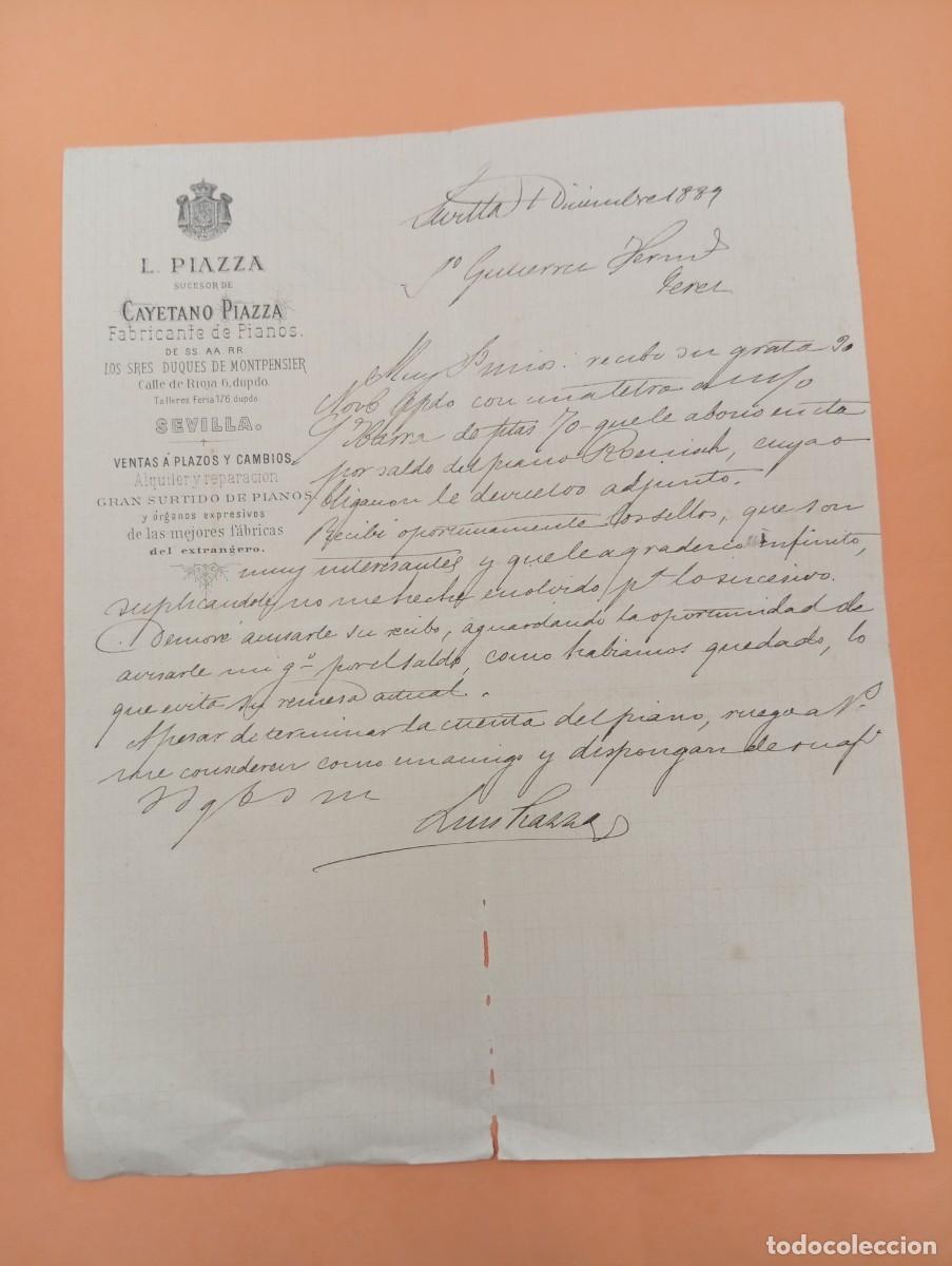 Cartas comerciales: CARTA COMERCIAL. SEVILLA. 1889. FABRICANTE DE PIANOS. PIAZZA. SUCESOR DE CAYETANO PIAZZA.