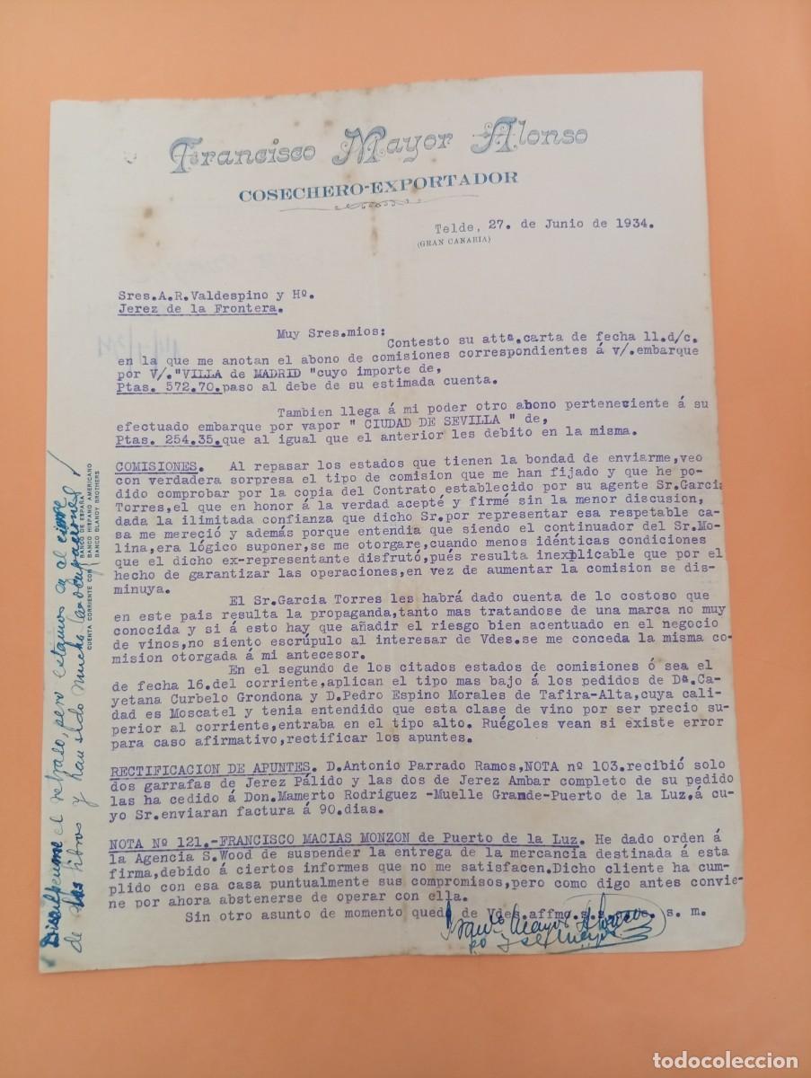 Cartas comerciales: CARTA COMERCIAL. TELDE, GRAN CANARIA. 1934. COSECHERO-EXPORTADOR. FRANCISCO MAYOR ALOSO.