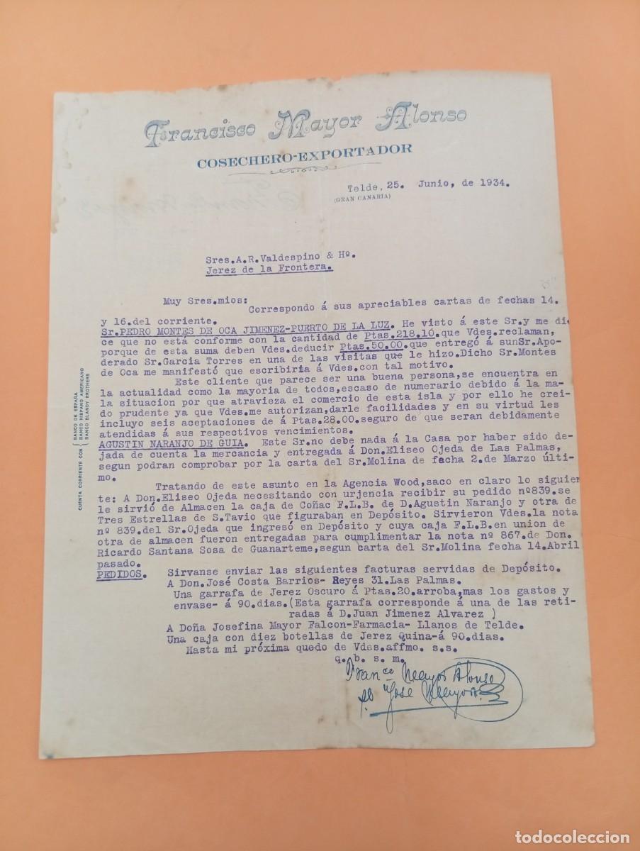 Cartas comerciales: CARTA COMERCIAL. TELDE, GRAN CANARIA. 1934. COSECHERO-EXPORTADOR. FRANCISCO MAYOR ALOSO.