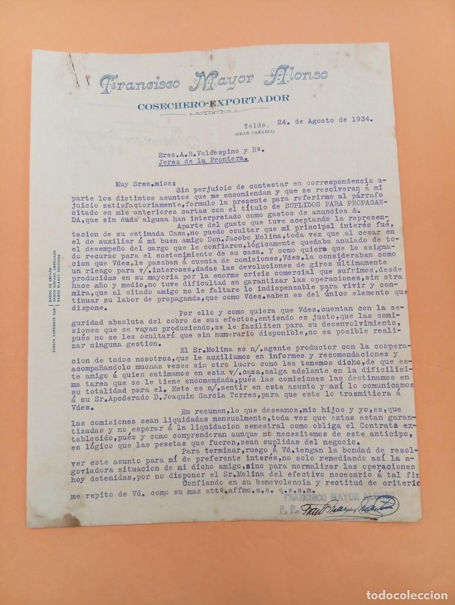 Cartas comerciales: CARTA COMERCIAL. TELDE, GRAN CANARIA. 1934. COSECHERO-EXPORTADOR. FRANCISCO MAYOR ALOSO.