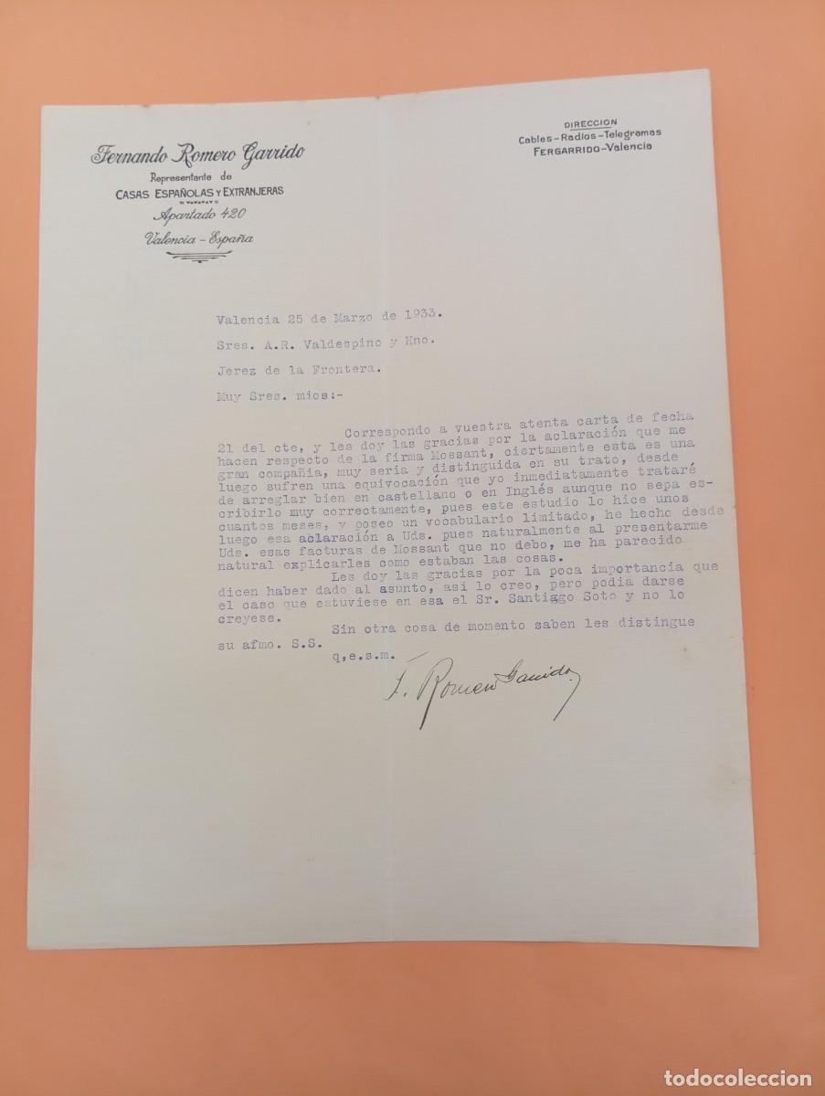Cartas comerciales: CARTA COMERCIAL. VALENCIA. 1933. REPESENTANTE DE CASAS ESPA&Ntilde;OLAS Y EXTRANJERA. F. ROMERO GARRIDO.