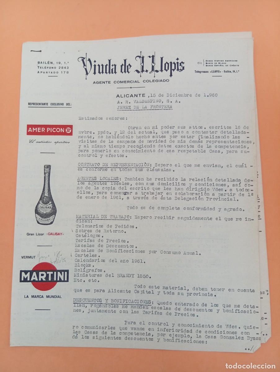 Cartas comerciales: CARTA COMERCIAL. ALICANTE. 1960. VIUDA DE J. L. LLOPIS. AGENTE COLEGIADO. 2 HOJAS.