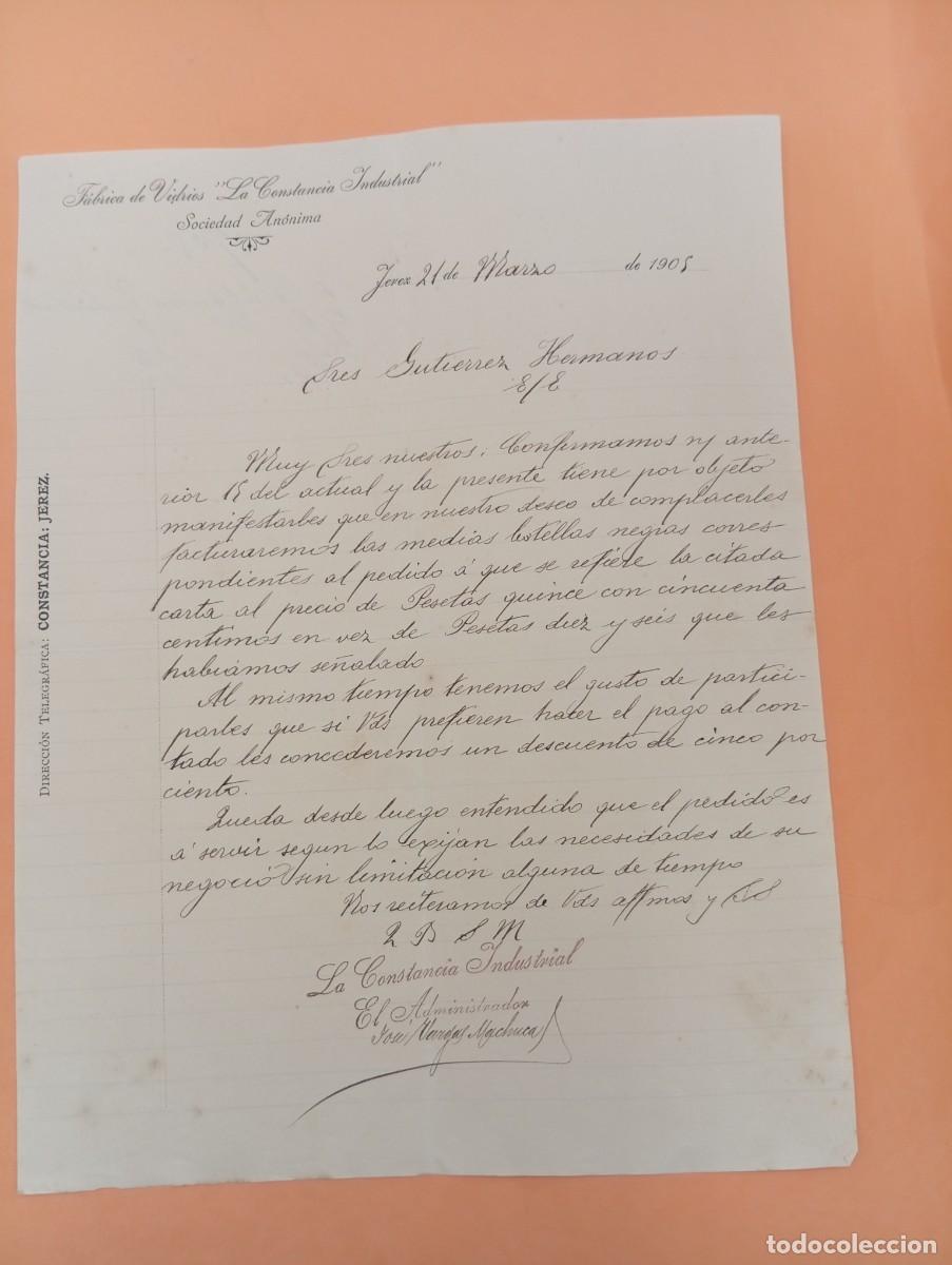 Cartas comerciales: CARTA COMERCIAL. JEREZ. 1905. FABRICA DE VIDRIOS &uml;LA CONSTANCIA INDUSTRIAL &uml;, S.A.