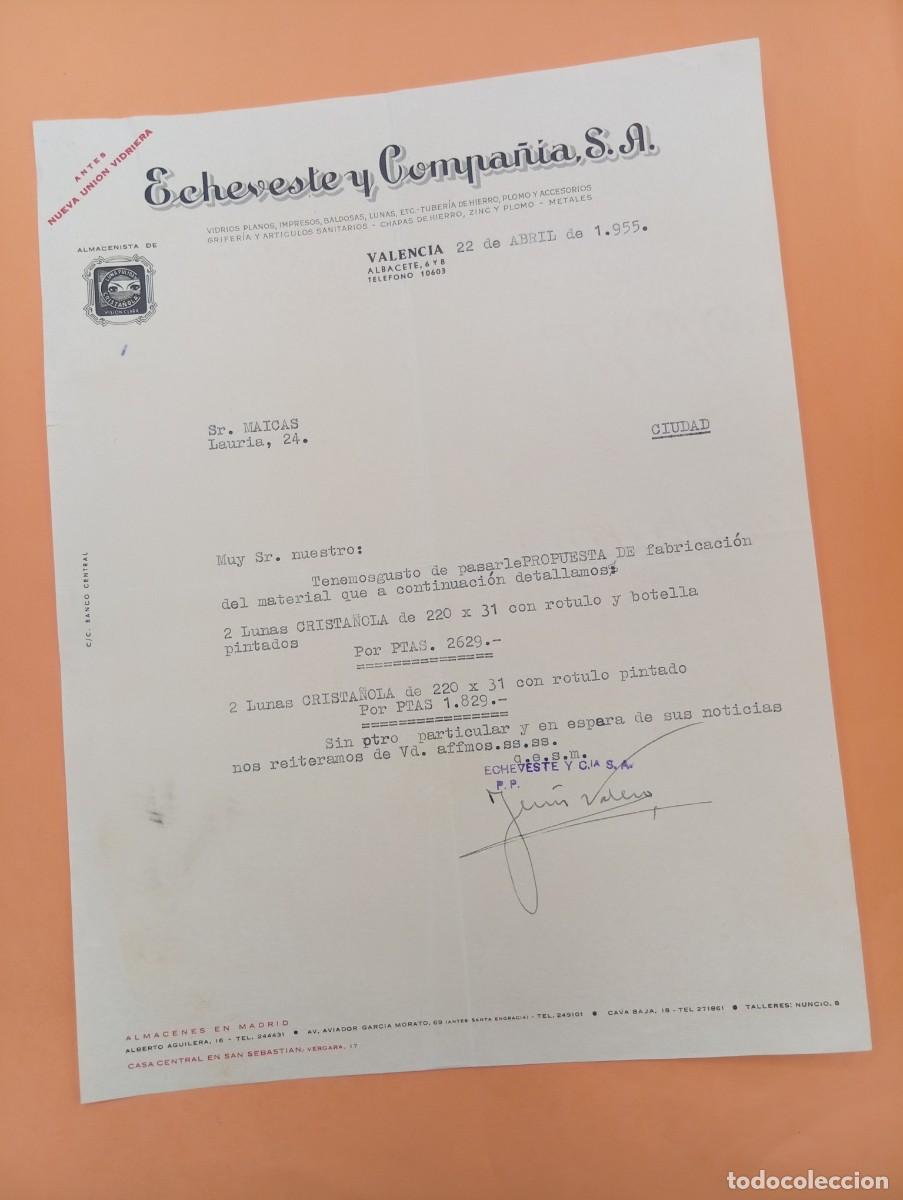 Cartas comerciales: CARTA COMERCIAL. VALENCIA. 1955. ECHEVESTE Y COMPA&Ntilde;IA, S.A. VIDRIOS PLANOS-IMPRESOS-BALDOSAS-LUNAS.