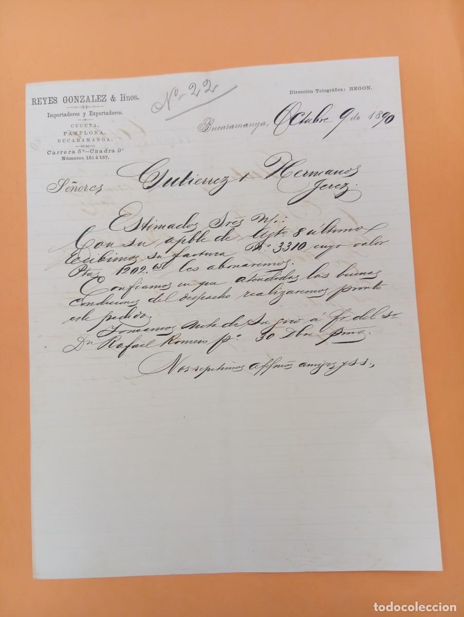 Cartas comerciales: CARTA COMERCIAL. BUCARAMANGA, COLOMBIA. 1890. REYES GONZALEZ & HNOS. IMPORTADORES-EXPORTADORES.
