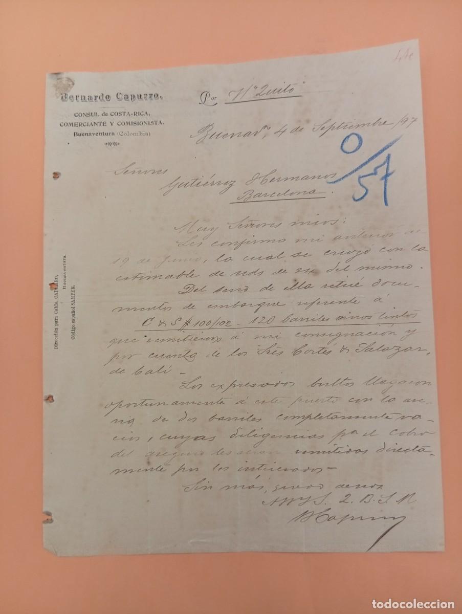 Cartas comerciales: CARTA COMERCIAL. BUENAVENTURA, COLOMBIA. 1897. BERNARDO CAPURRO. C&Oacute;NSUL DE COSTA RICA.
