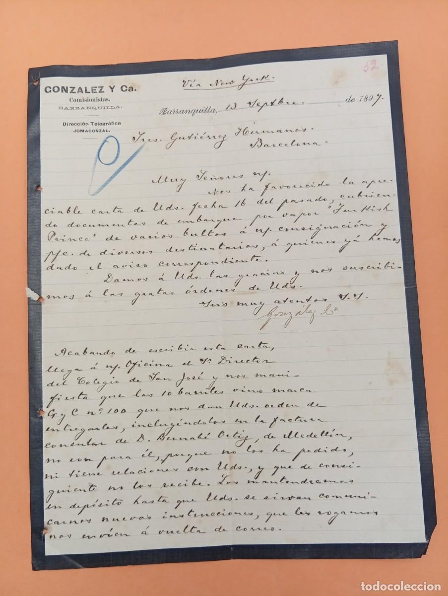 Cartas comerciales: CARTA COMERCIAL. BARRANQUILLA, COLOMBIA. 1897. GONZALEZ Y C&ordf;. COMISIONISTAS.