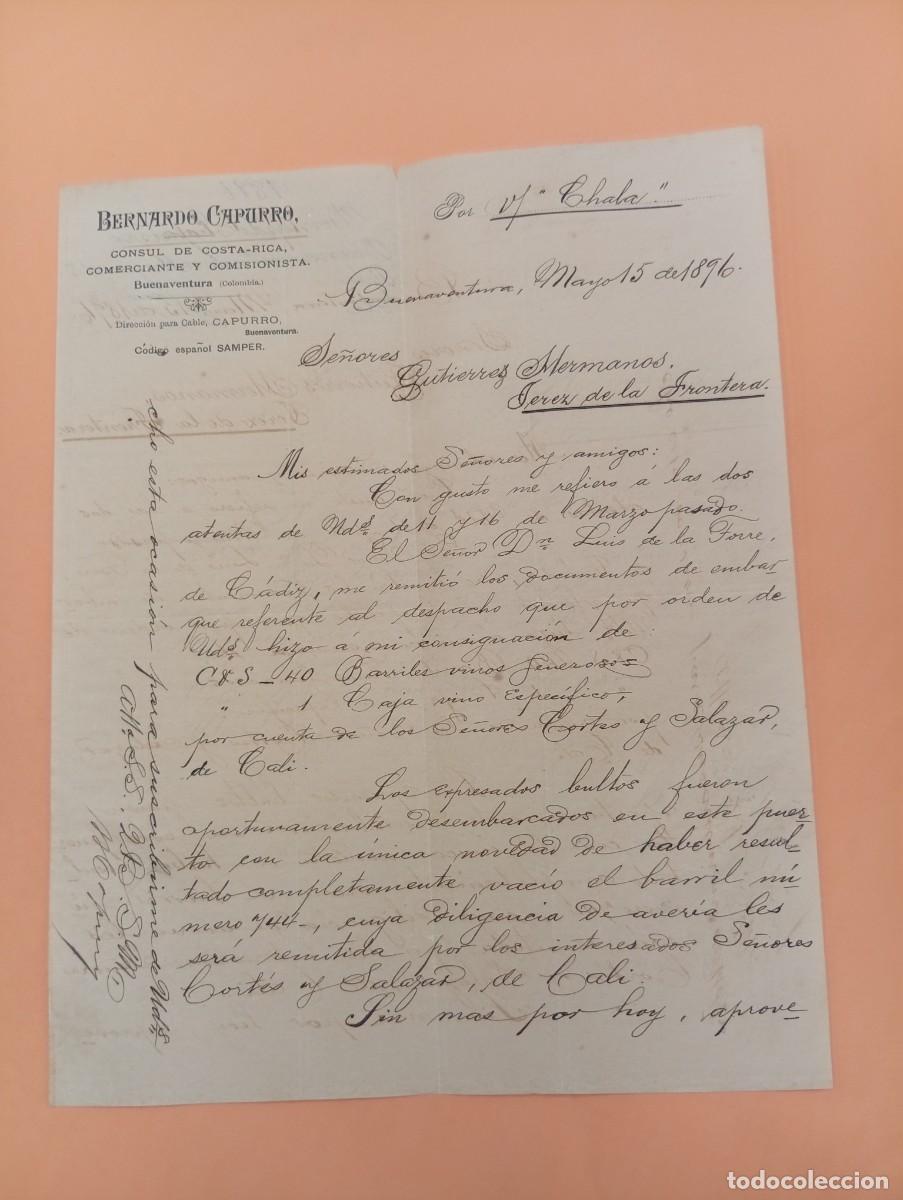 Cartas comerciales: CARTA COMERCIAL. BUENAVENTURA, COLOMBIA. 1896. BERNARDO CAPURRO. C&Oacute;NSUL DE COSTA RICA.