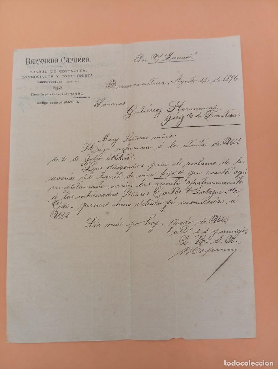Cartas comerciales: CARTA COMERCIAL. BUENAVENTURA, COLOMBIA. 1896. BERNARDO CAPURRO. C&Oacute;NSUL DE COSTA RICA.