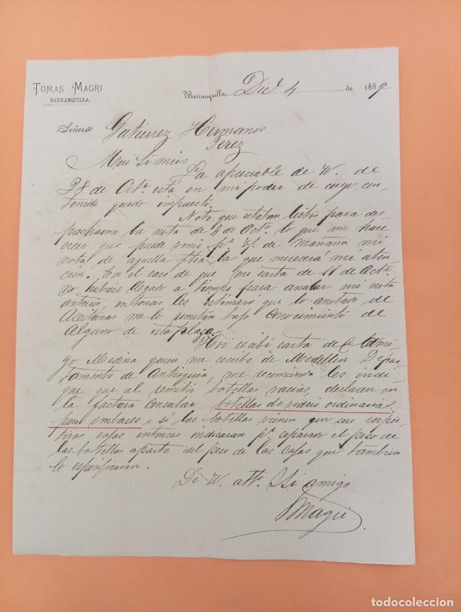 Cartas comerciales: CARTA COMERCIAL. BARRANQUILLA, COLOMBIA. 1889. TOMAS MAGRI.