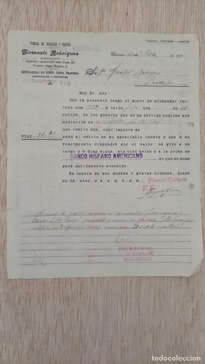 Cartas comerciales: ANTIGUA CARTA COMERCIAL FABRICA DE JUGUETES Y BAULES FLORENCIO RODRIGUEZ CACERES 1928