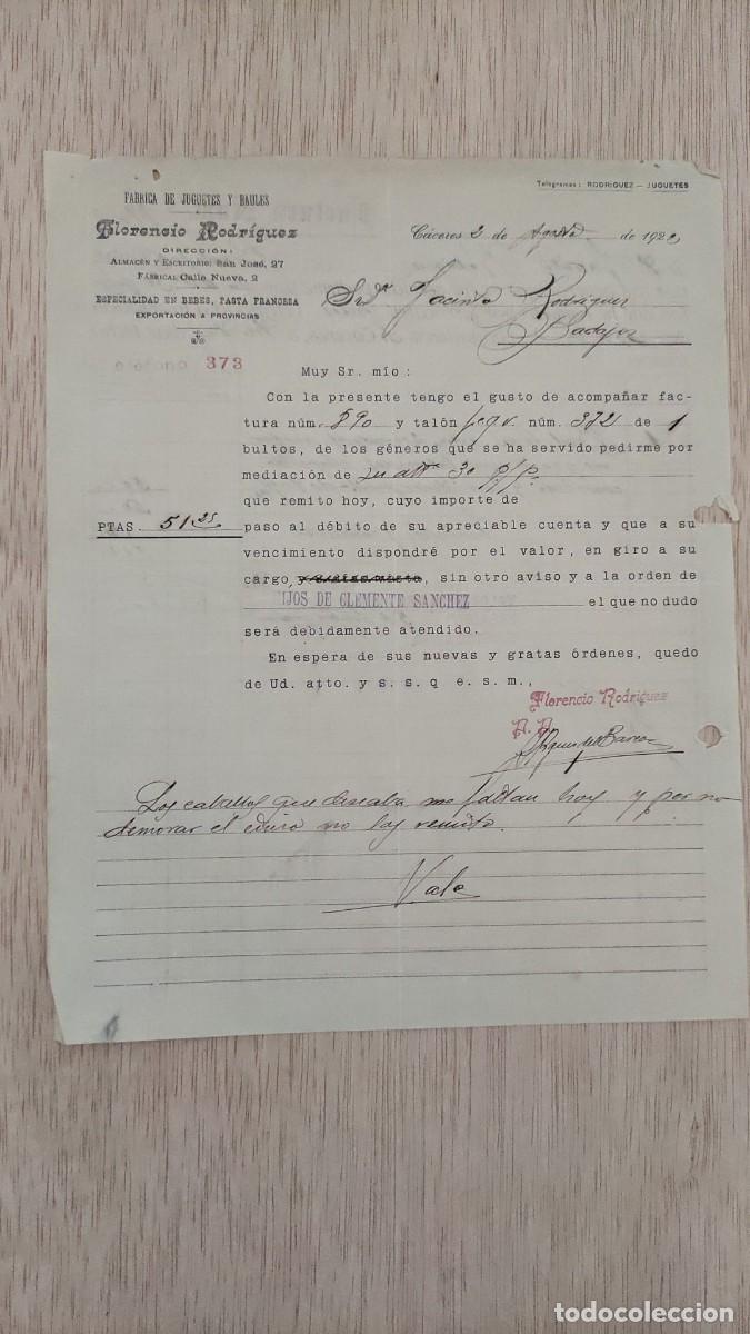 Cartas comerciales: ANTIGUA CARTA COMERCIAL FABRICA DE JUGUETES Y BAULES FLORENCIO RODRIGUEZ CACERES 1928
