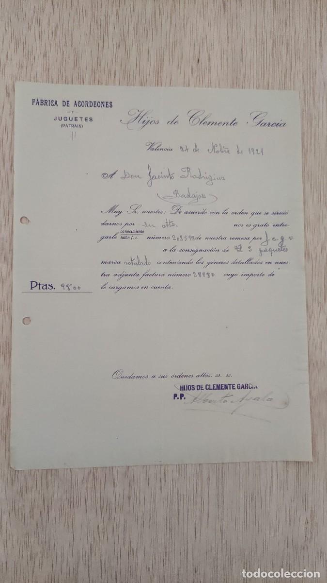 Cartas comerciales: ANTIGUA CARTA COMERCIAL FABRICA DE ACORDEONES Y JUGUETES (PATRAIX) HIJOS DE CLEMENTE GARCIA 1921