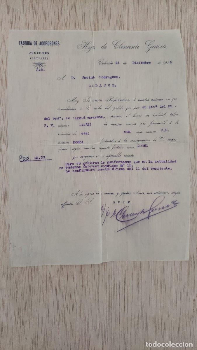 Cartas comerciales: ANTIGUA CARTA COMERCIAL FABRICA DE ACORDEONES Y JUGUETES (PATRAIX) HIJOS DE CLEMENTE GARCIA 1915
