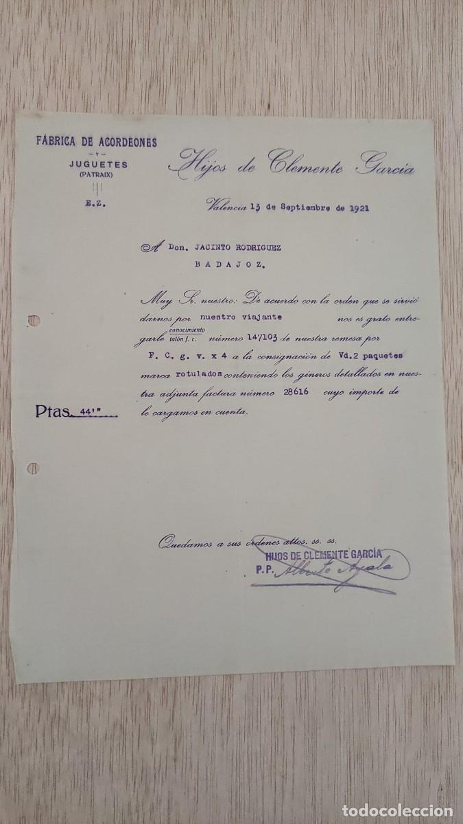 Cartas comerciales: ANTIGUA CARTA COMERCIAL FABRICA DE ACORDEONES Y JUGUETES (PATRAIX) HIJOS DE CLEMENTE GARCIA 1921