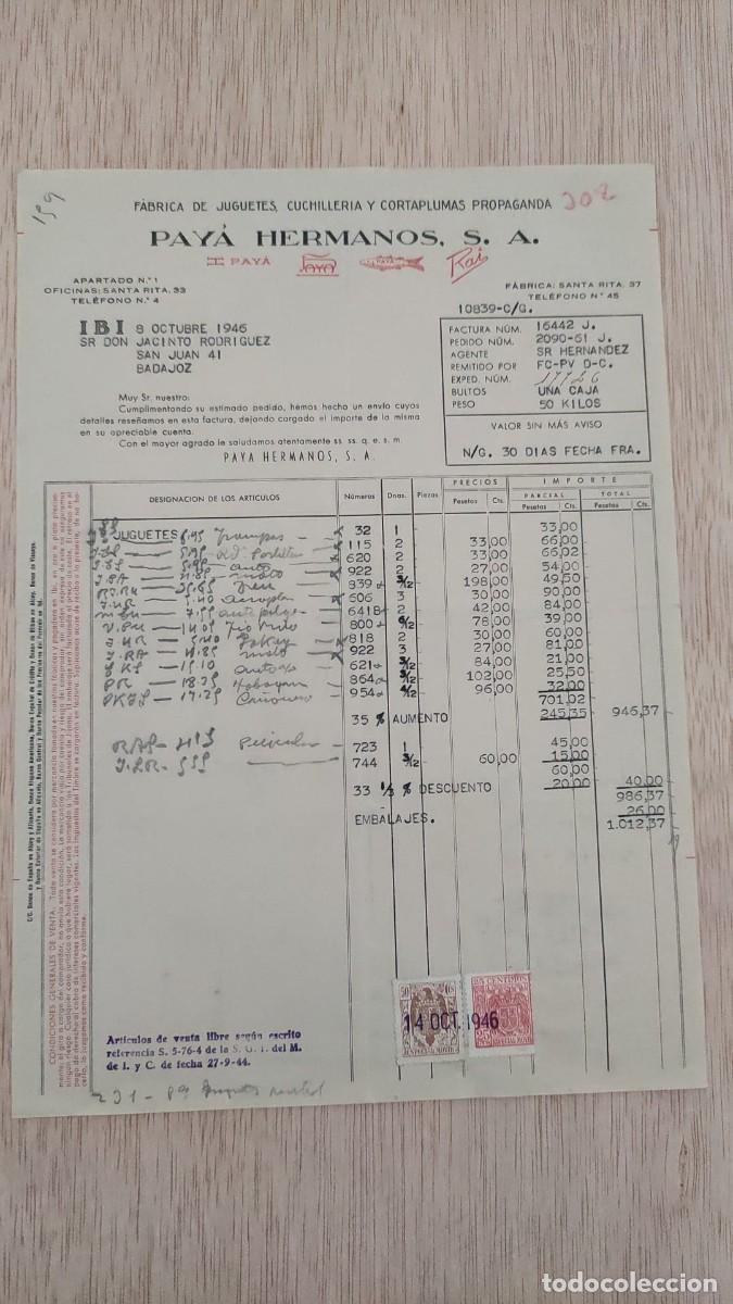 Cartas comerciales: ANTIGUA FACTURA FABRICA DE JUGUETES PAYA HERMANOS SA IBI 1946
