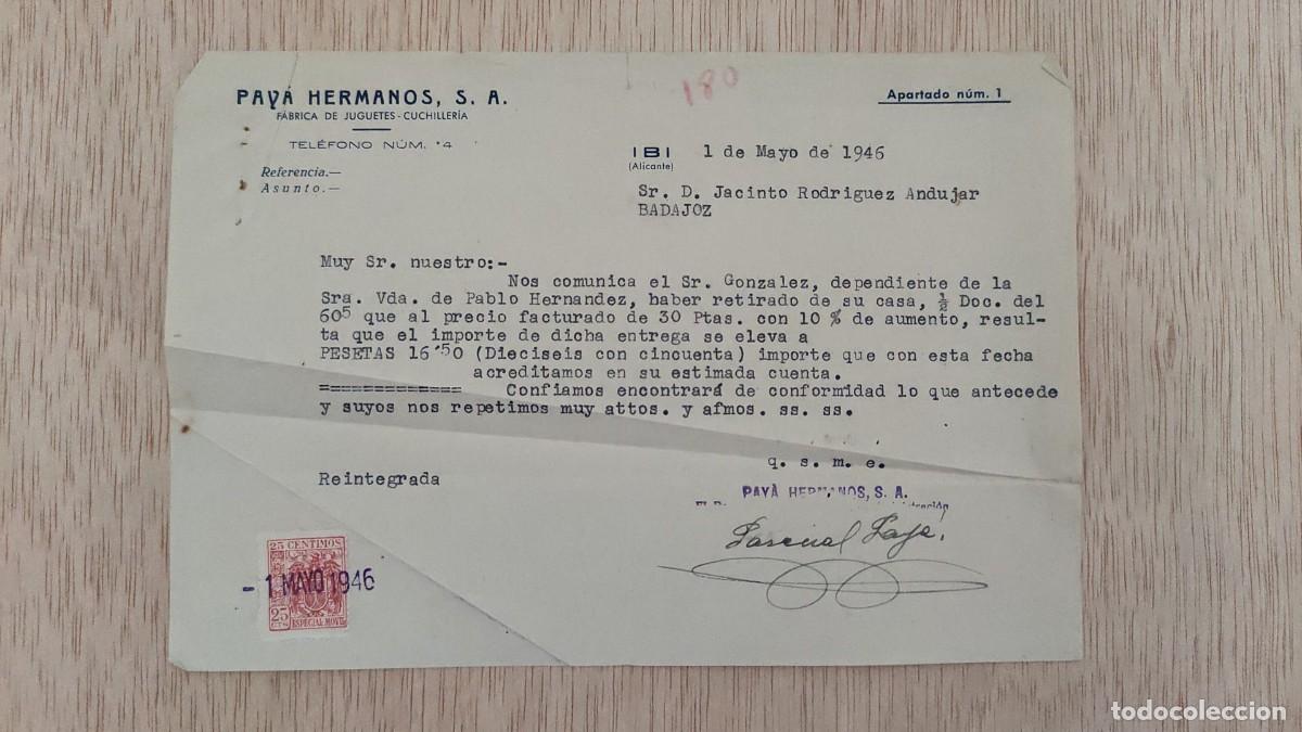 Cartas comerciales: ANTIGUA CARTA COMERCIAL FABRICA DE JUGUETES PAYA HERMANOS SA IBI 1946