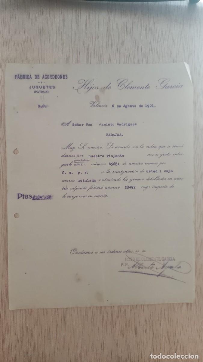 Cartas comerciales: ANTIGUA CARTA COMERCIAL FABRICA DE ACORDEONES Y JUGUETES HIJOS DE CLEMENTE GARCIA VALENCIA 1921
