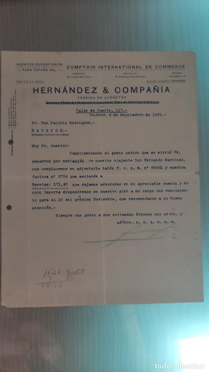 Cartas comerciales: ANTIGUA CARTA COMERCIAL FABRICA DE JUGUETES HERNANDEZ & COMPA&Ntilde;IA VALENCIA 1921