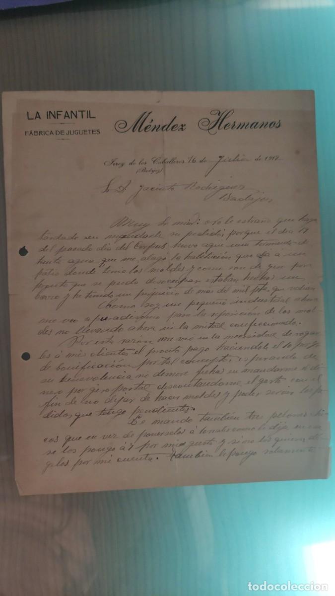 Cartas comerciales: ANTIGUA CARTA COMERCIAL FABRICA DE JUGUETES LA INFANTIL MENDEZ HERMANOS JEREZ DE LOS CABALLEROS 1919