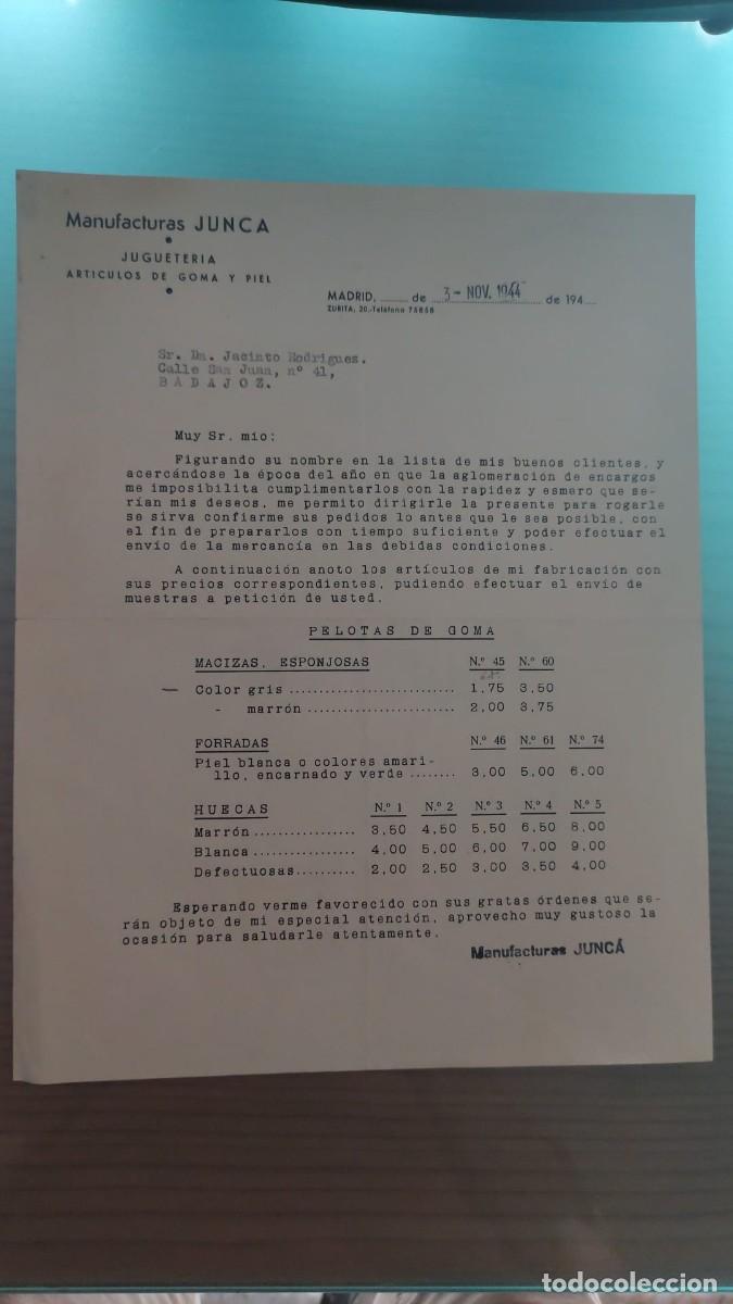 Cartas comerciales: ANTIGUA CARTA COMERCIAL MANUFACTURAS JUNCA JUGUETERIA ARTICULOS DE GOMA Y PIEL MADRID 1944