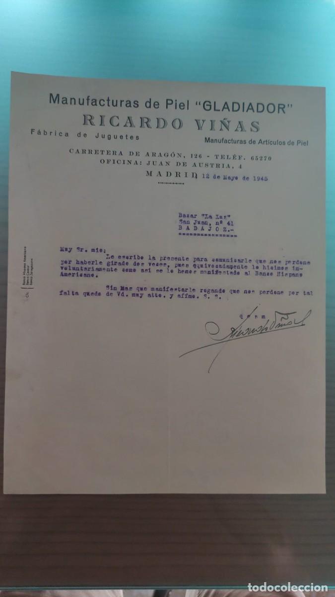 Cartas comerciales: ANTIGUA CARTA COMERCIAL MANUFACTURAS DE PIEL GLADIADOR RICARDO VI&Ntilde;AS MADRID 1945