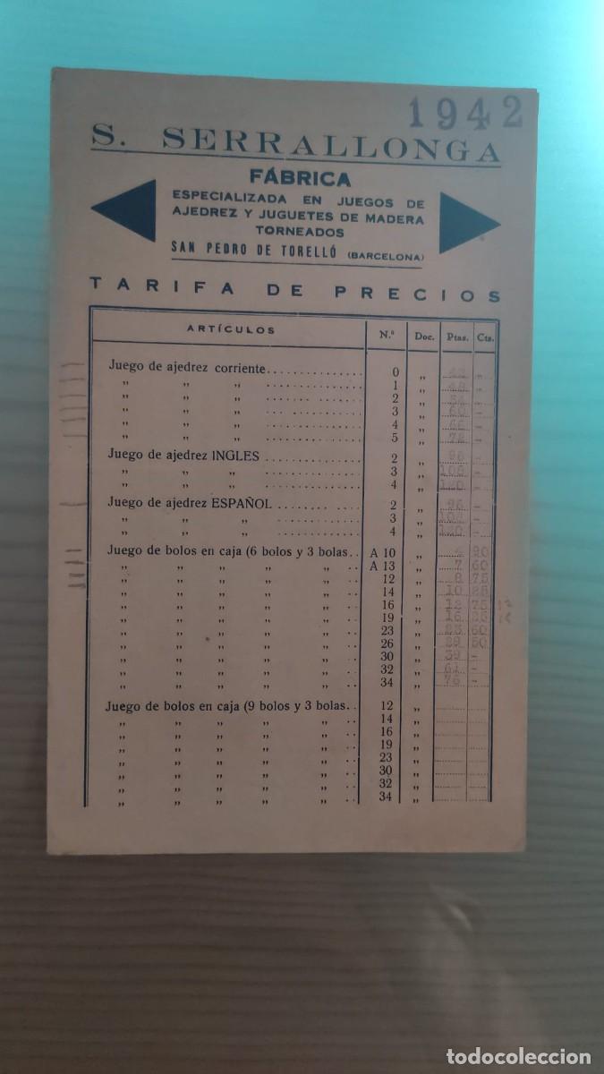 Cartas comerciales: ANTIGUA TARIFA DE PRECIOS S SERRALLONGA FABRICA ESPECIALIZADA EN JUEGOS DE AJEDREZ 1942