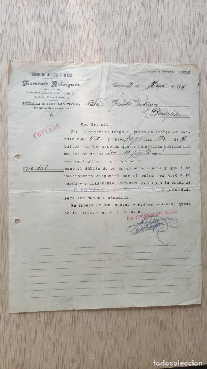 Cartas comerciales: ANTIGUA CARTA COMERCIAL FABRICA DE JUGUETES Y BAULES FLORENCIO RODRIGUEZ CACERES 1928