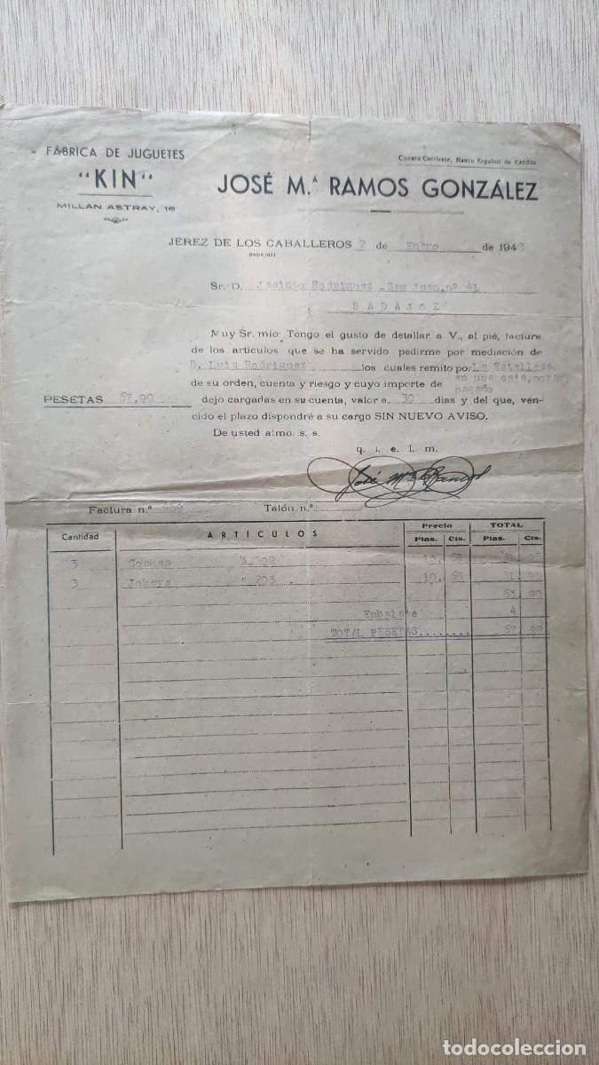 Cartas comerciales: ANTIGUA FACTURA FABRICA DE JUGUETES KIN JOSE M&ordf; RAMOS GONZALEZ JEREZ DE LOS CABALLEROS 1943