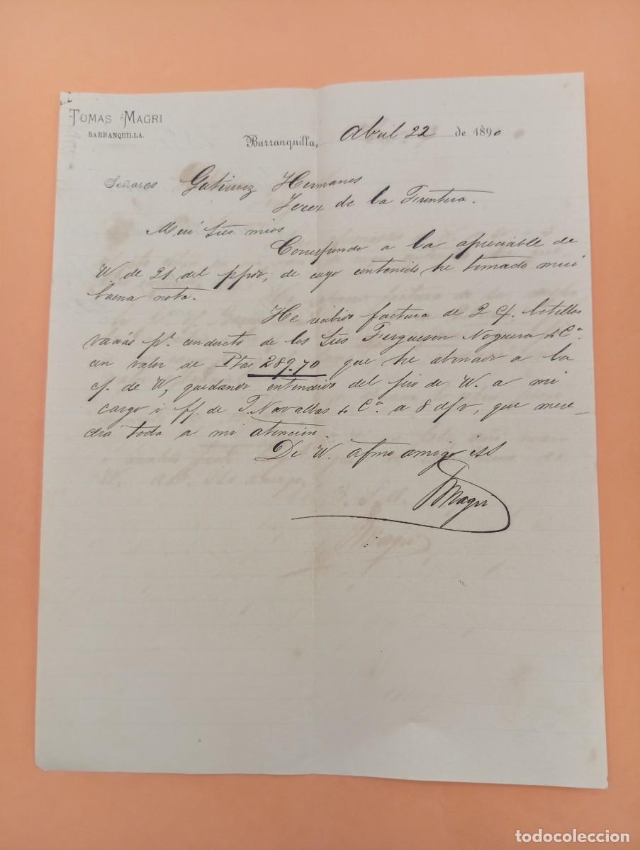 Cartas comerciales: CARTA COMERCIAL. BARRANQUILLA, COLOMBIA. 1890. TOMAS MAGRI.