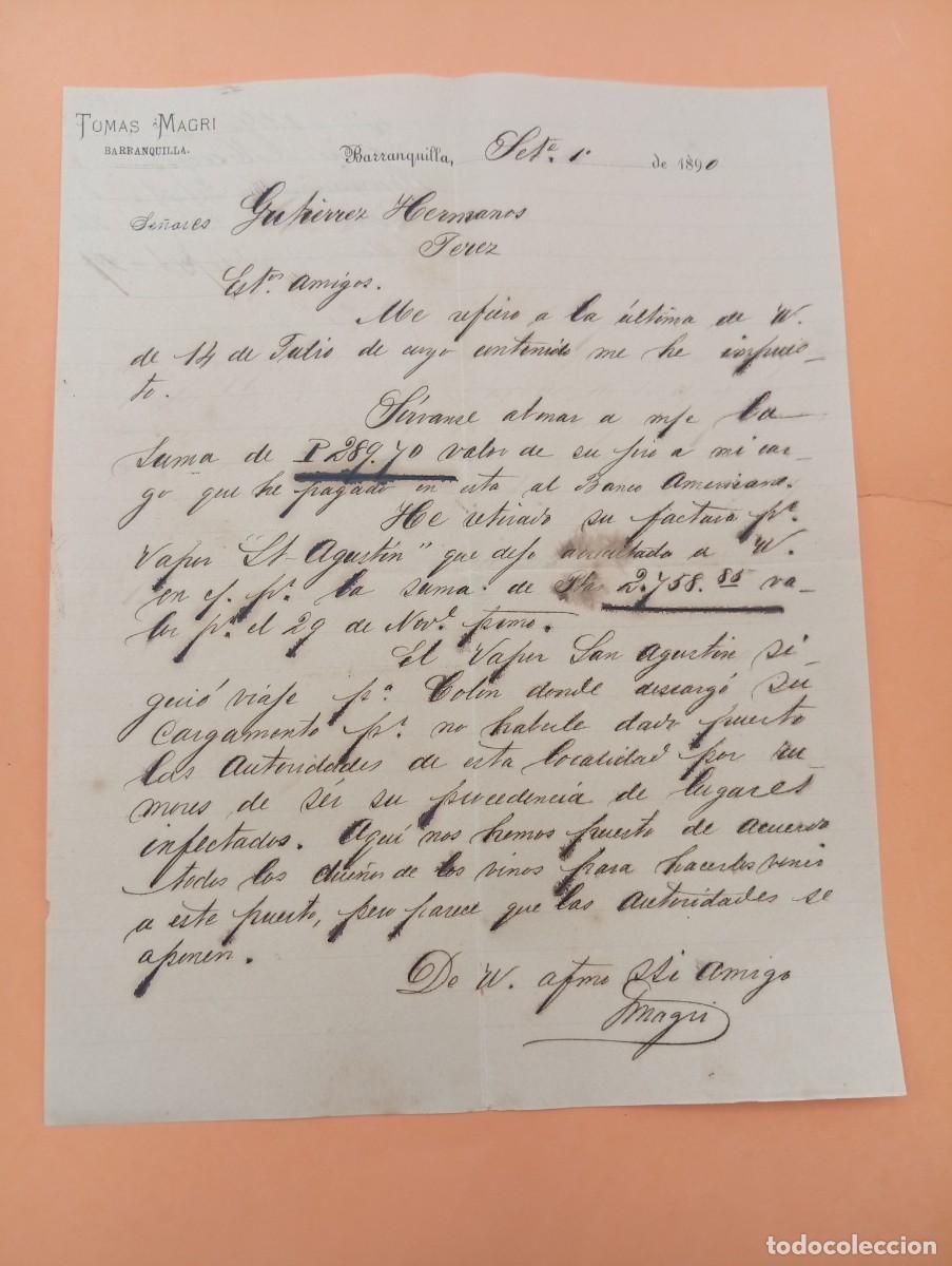 Cartas comerciales: CARTA COMERCIAL. BARRANQUILLA, COLOMBIA. 1890. TOMAS MAGRI.