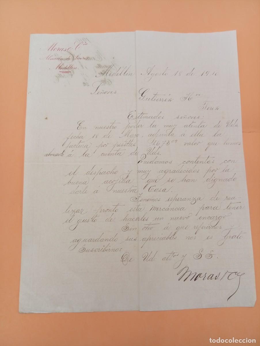 Cartas comerciales: CARTA COMERCIAL. MEDELLIN, COLOMBIA. 1910. ALMACEN DE LICORES. MORAS & CIA.