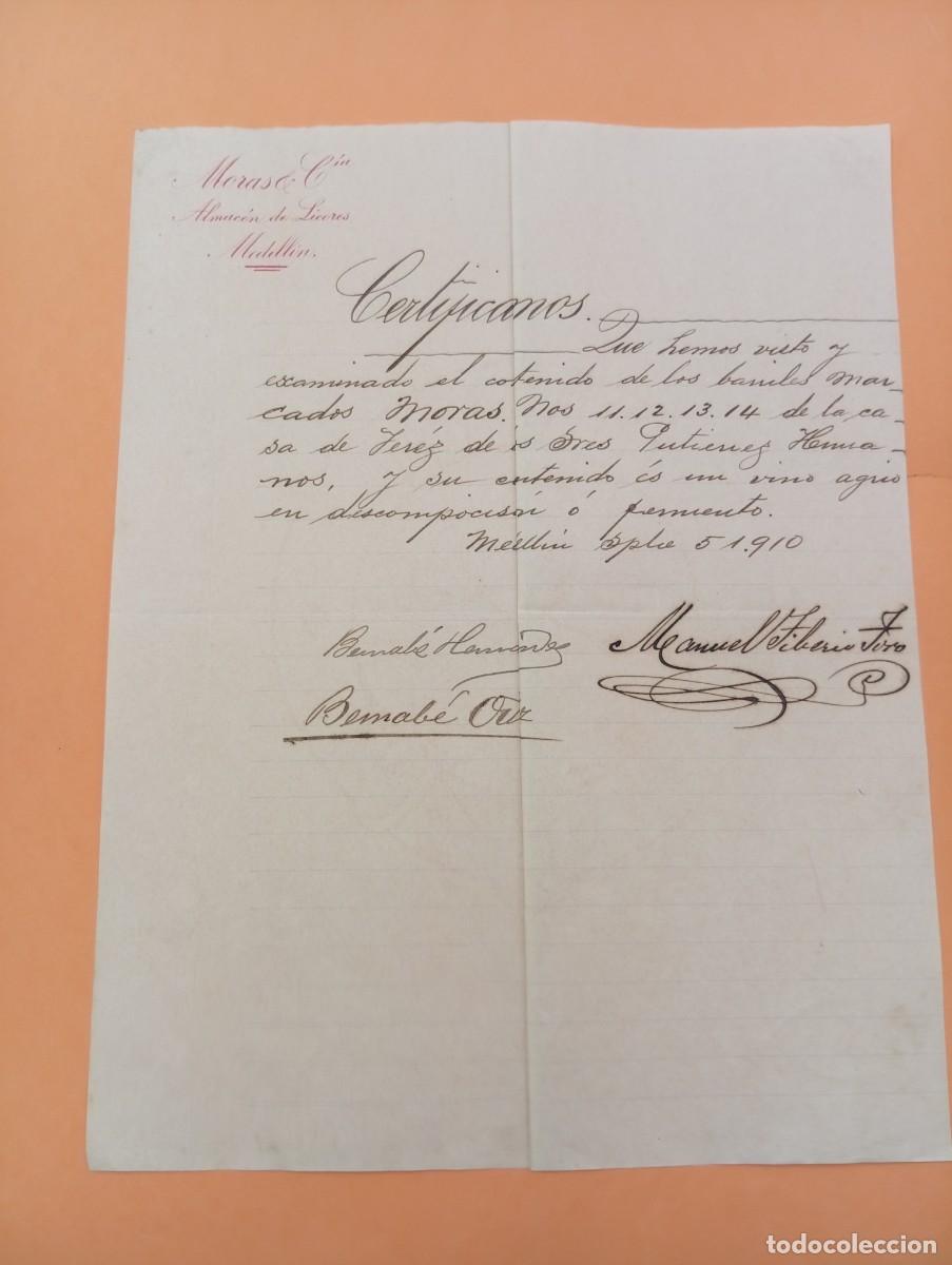 Cartas comerciales: CARTA COMERCIAL. MEDELLIN, COLOMBIA. 1910. ALMACEN DE LICORES. MORAS & CIA.
